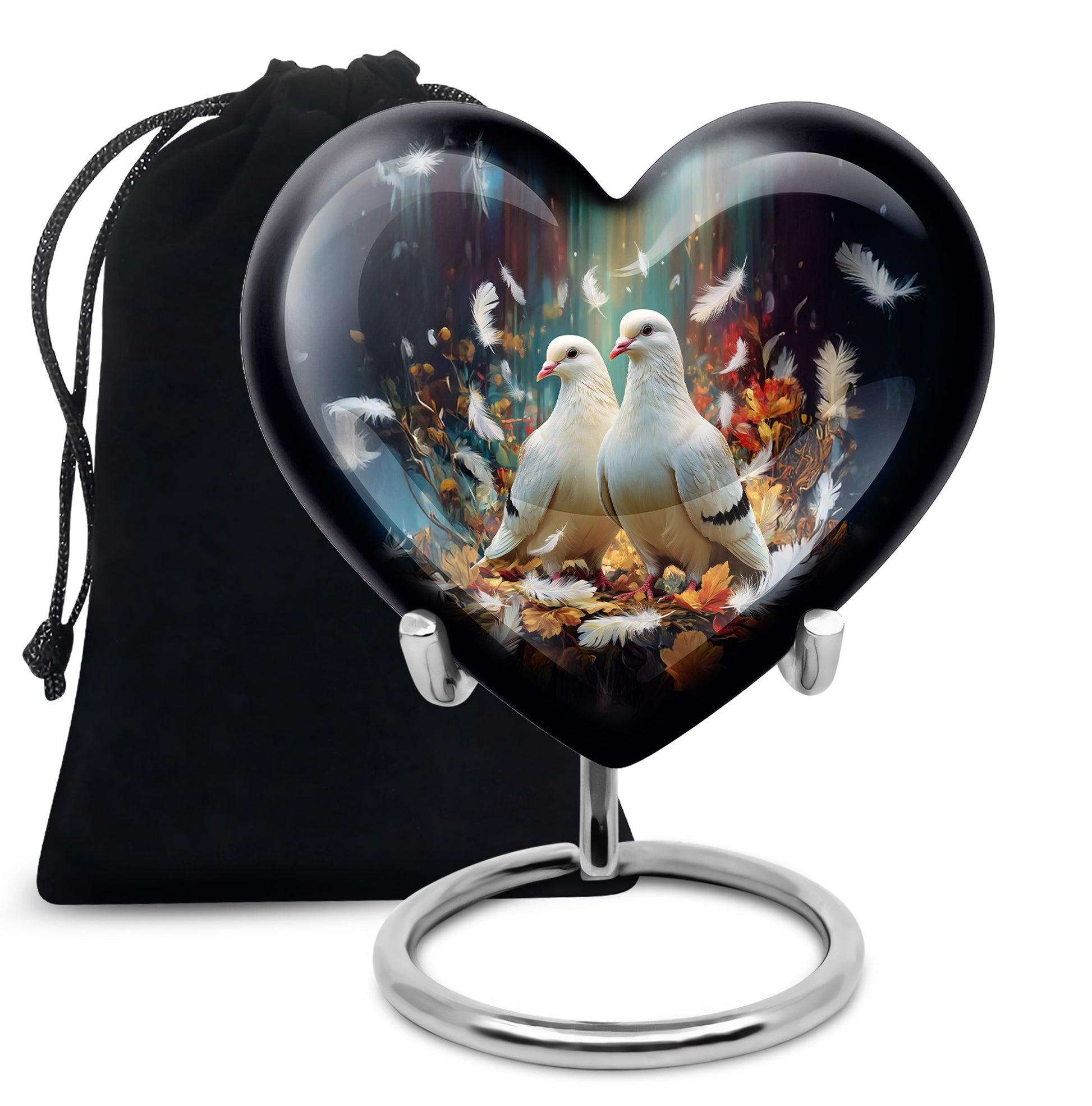 Obsidian Black Dove Cremation Urn detail view - compassionate heart-dove combination with gentle curves - full-size 10 inch 200 cubic inch adult cremation urn