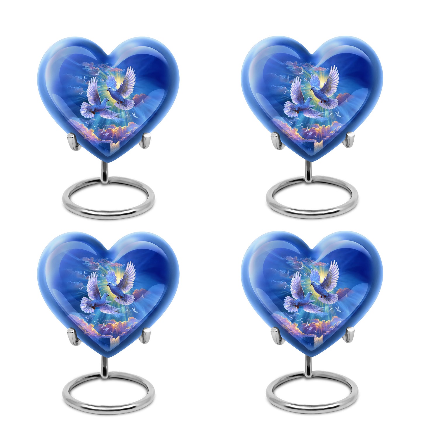 Sapphire Blue Dove Cremation Urn angled view of lid and engraved motif - compassionate heart-dove combination with gentle curves - 10 inch aluminum urn for cremated remains