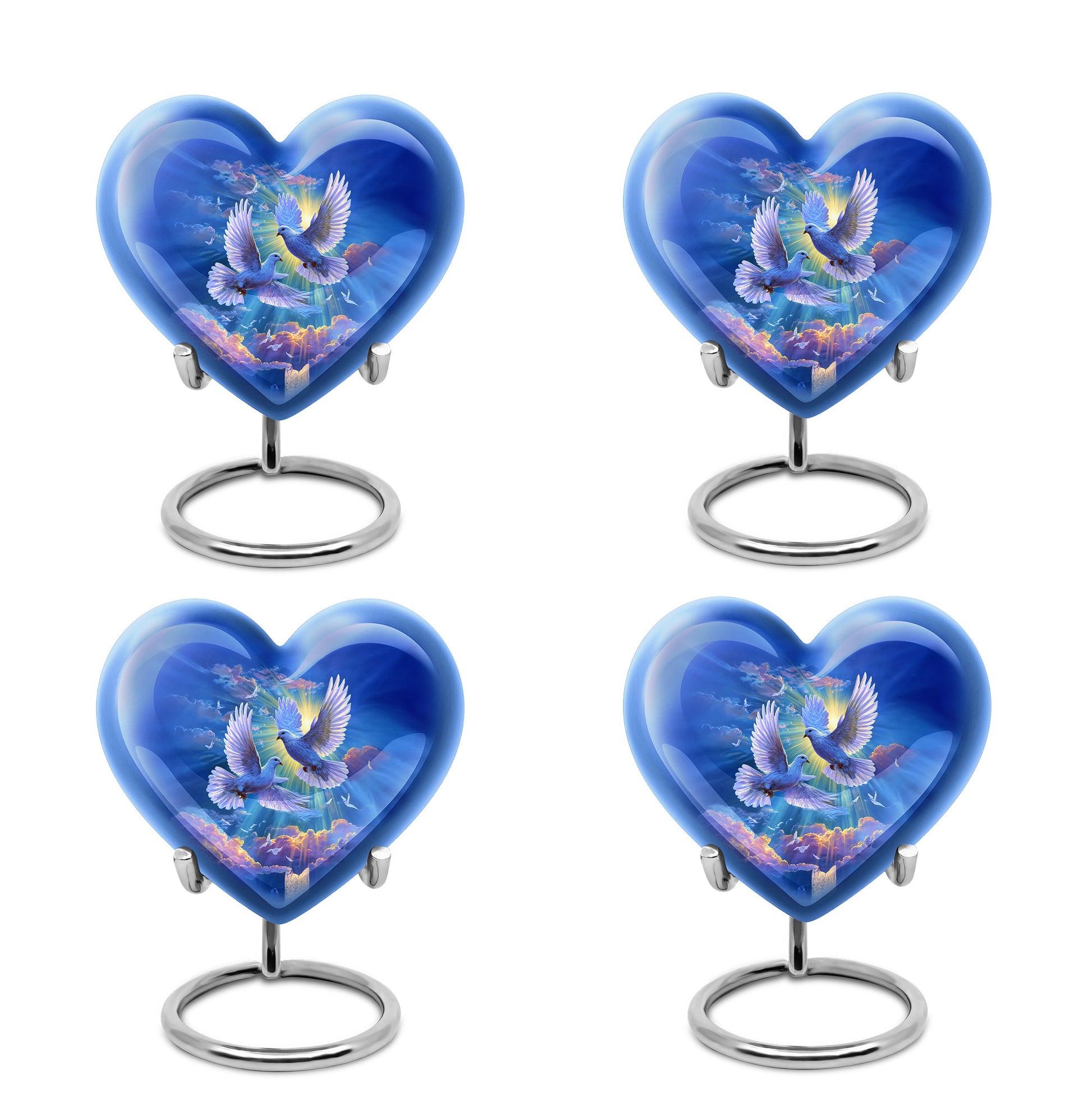 Sapphire Blue Dove Cremation Urn angled view of lid and engraved motif - compassionate heart-dove combination with gentle curves - 10 inch aluminum urn for cremated remains