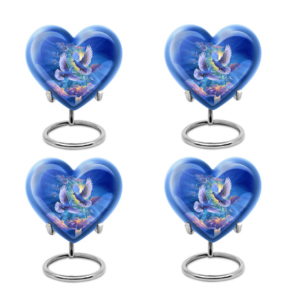 Sapphire Blue Dove Cremation Urn angled view of lid and engraved motif - compassionate heart-dove combination with gentle curves - 10 inch aluminum urn for cremated remains