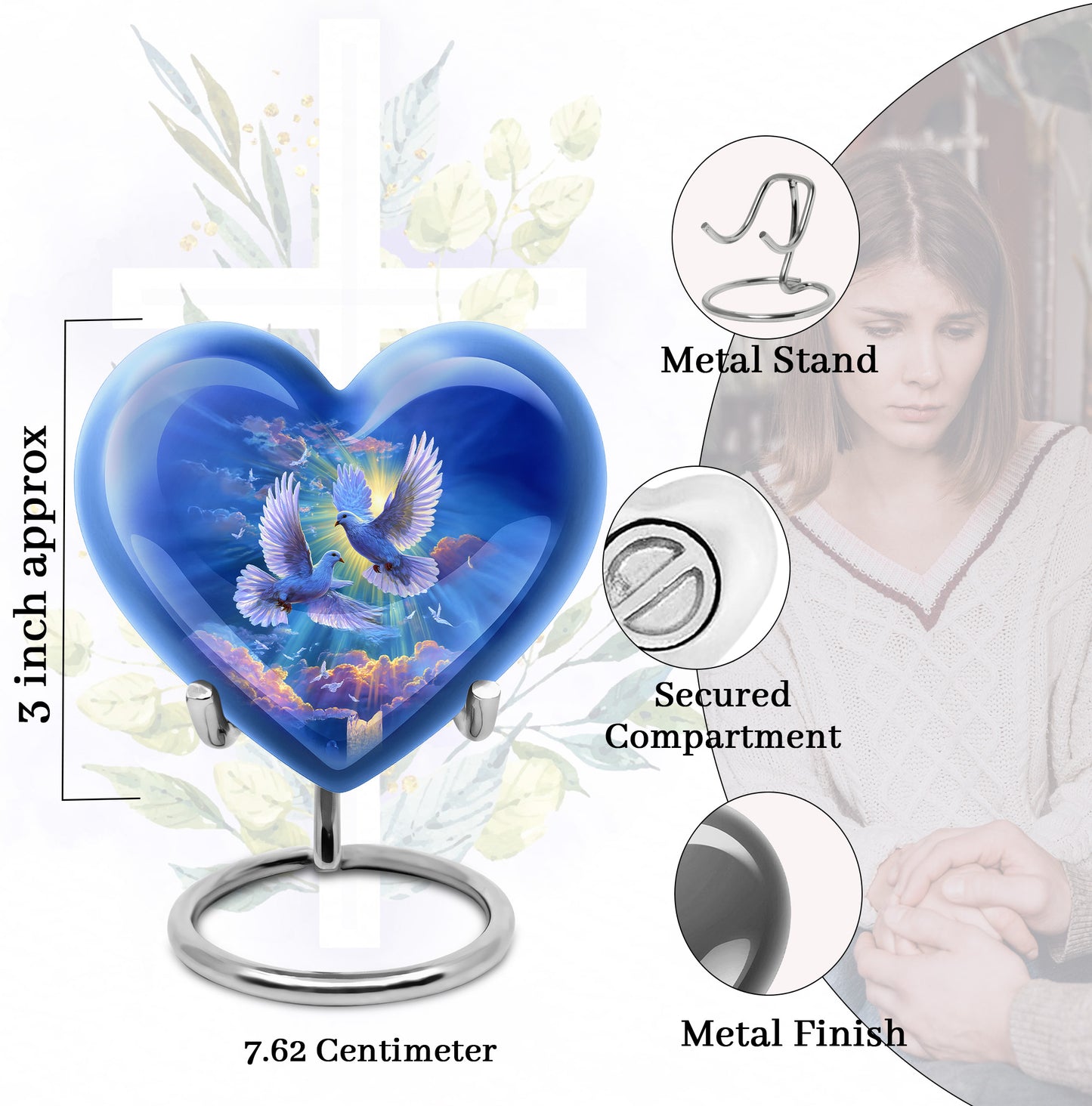 Vivid Blue Dove Cremation Urn front view showing detailed design - compassionate heart-dove combination with gentle curves - mini keepsake memorial for portion of cremation ashes