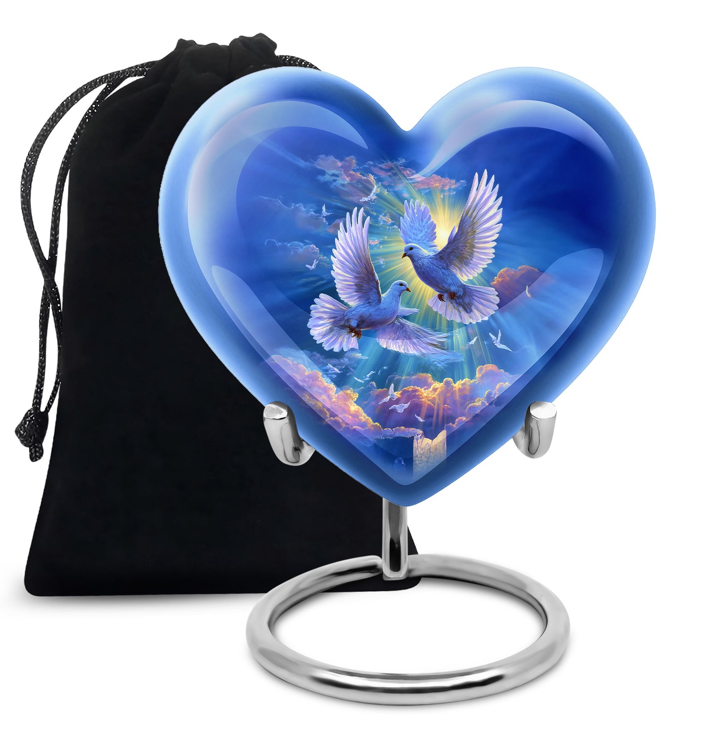 Pastel Blue Dove Cremation Urn detail view - loving heart memorial featuring dove pattern - full-size 10 inch 200 cubic inch adult cremation urn