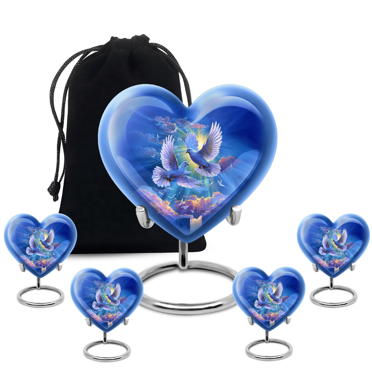 Dusty Blue Dove Cremation Urn close-up of engraving and surface detail - heart-shaped dove design symbolizing eternal love - memorial set with one large and four small urns