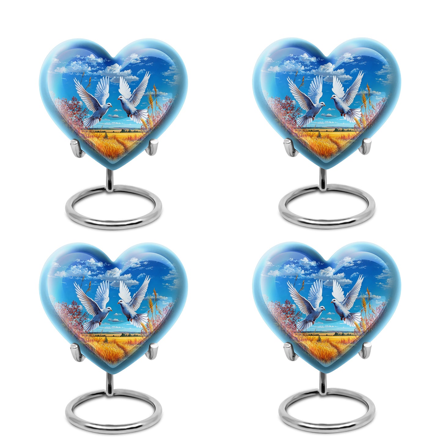 Royal Blue Dove Cremation Urn angled view of lid and engraved motif - romantic heart urn with dove motif on aluminum - 10 inch aluminum urn for cremated remains