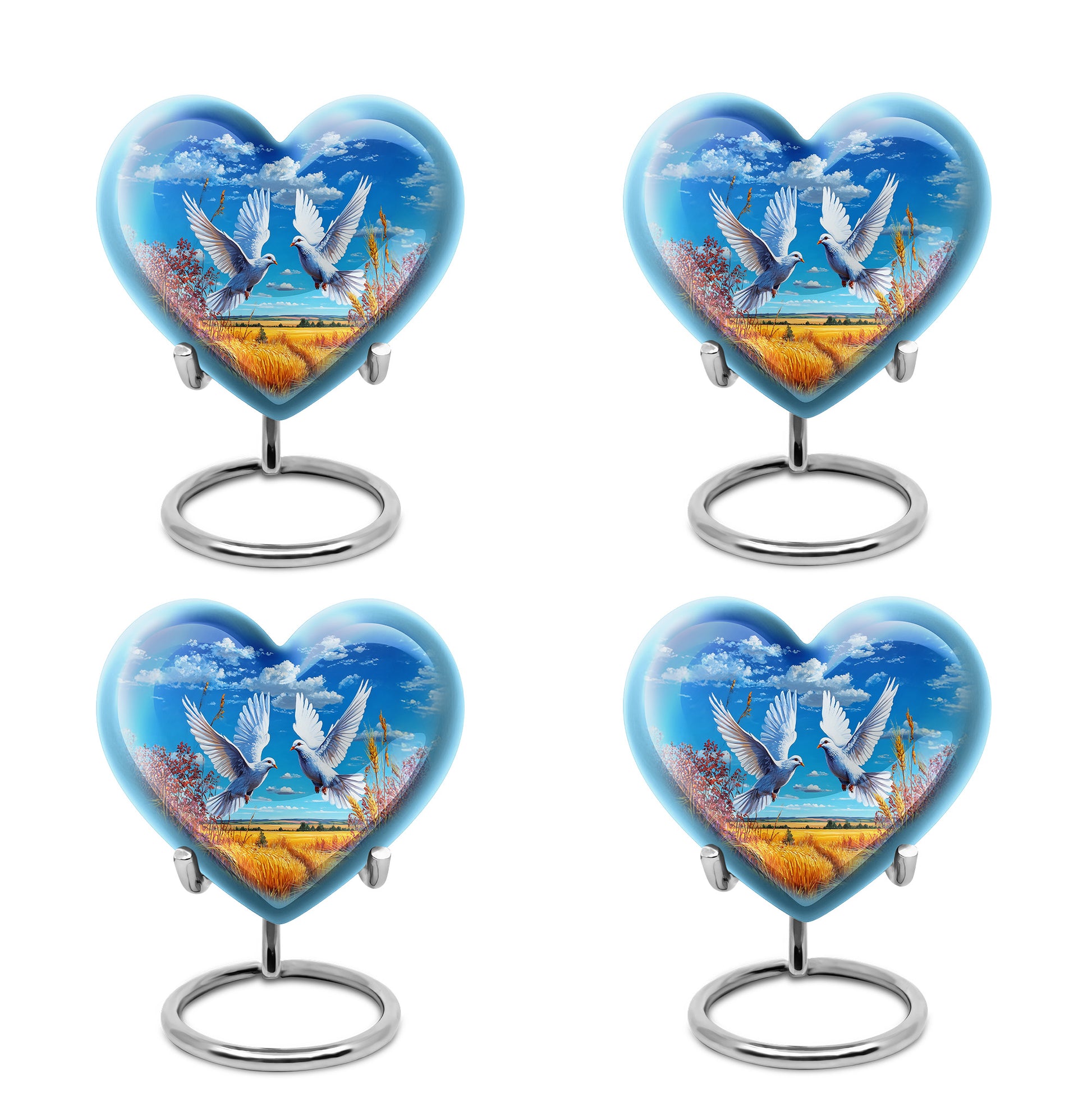 Royal Blue Dove Cremation Urn angled view of lid and engraved motif - romantic heart urn with dove motif on aluminum - 10 inch aluminum urn for cremated remains