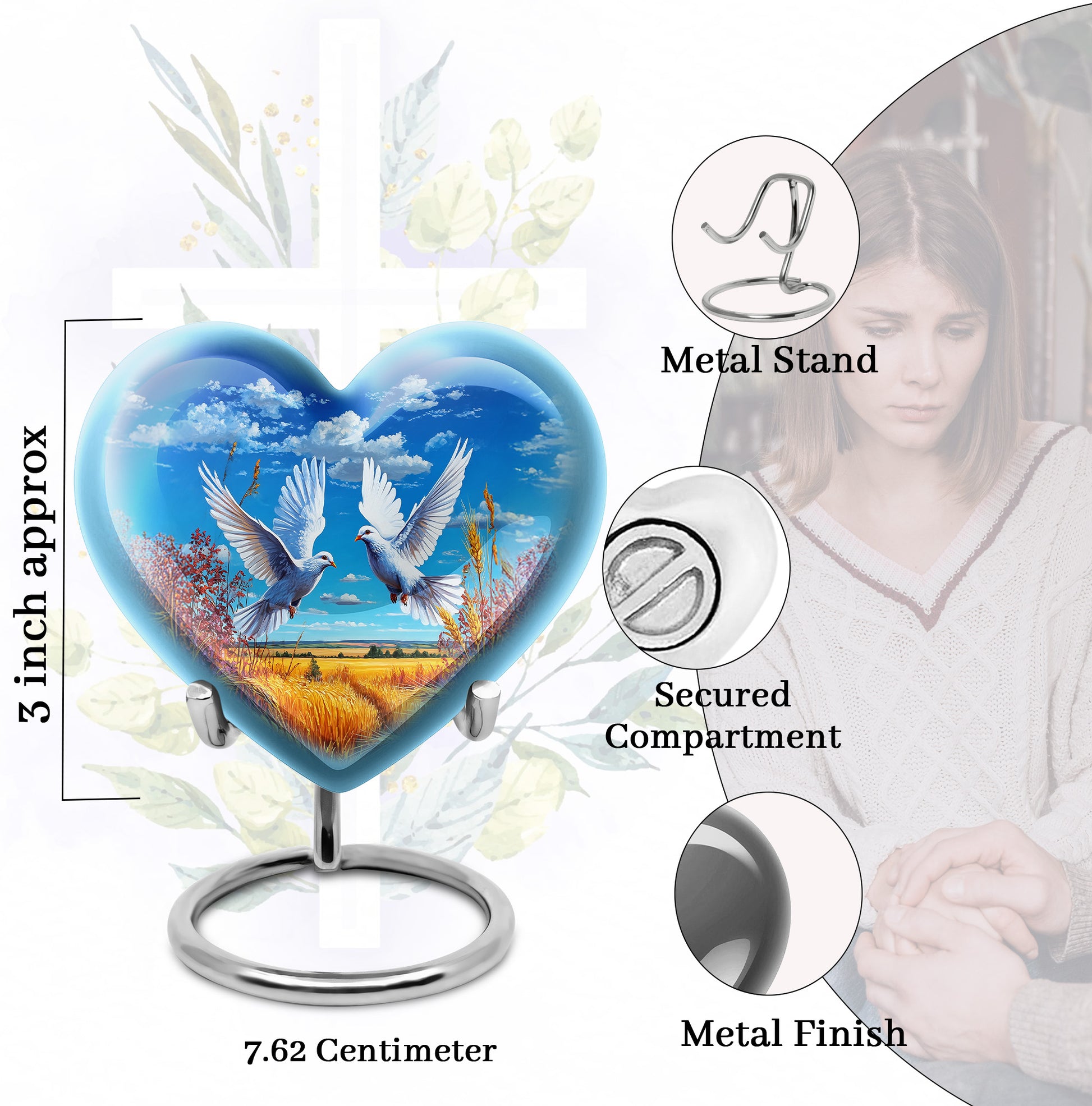 Navy Blue Dove Cremation Urn front view showing detailed design - heart-shaped dove design symbolizing eternal love - mini keepsake memorial for portion of cremation ashes