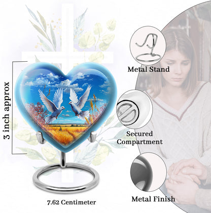 Navy Blue Dove Cremation Urn front view showing detailed design - heart-shaped dove design symbolizing eternal love - mini keepsake memorial for portion of cremation ashes