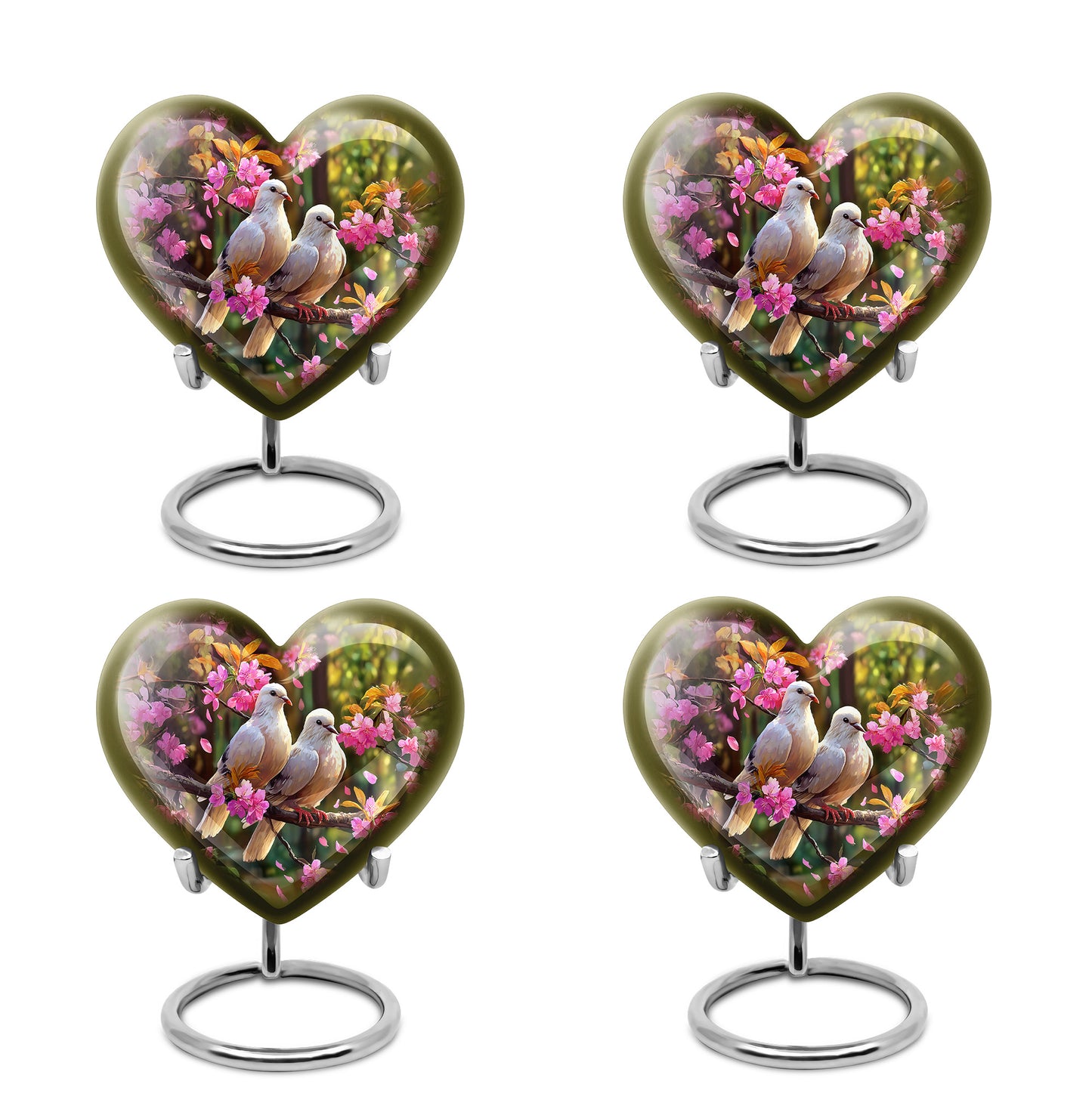 Glossy Black Dove Cremation Urn angled view of lid and engraved motif - loving heart memorial featuring dove pattern - 10 inch aluminum urn for cremated remains