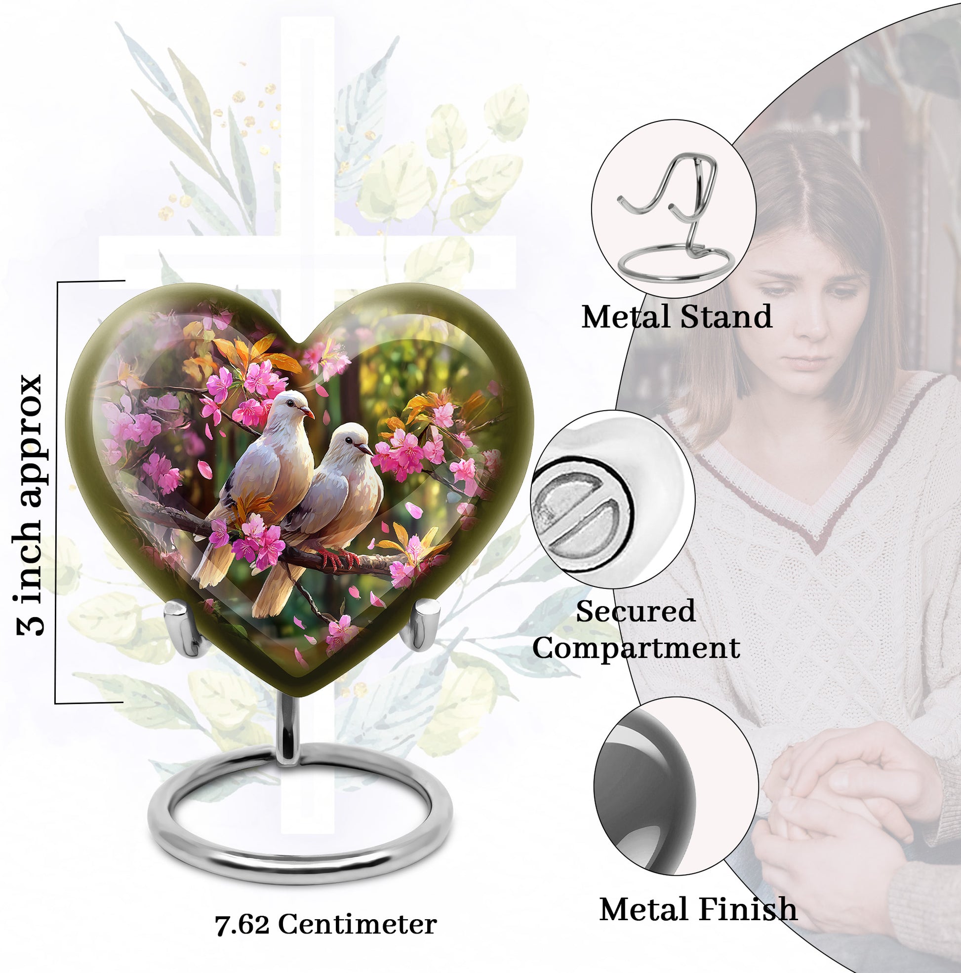 Rich Black Dove Cremation Urn front view showing detailed design - heart-shaped dove design symbolizing eternal love - mini keepsake memorial for portion of cremation ashes