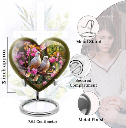 Rich Black Dove Cremation Urn front view showing detailed design - heart-shaped dove design symbolizing eternal love - mini keepsake memorial for portion of cremation ashes