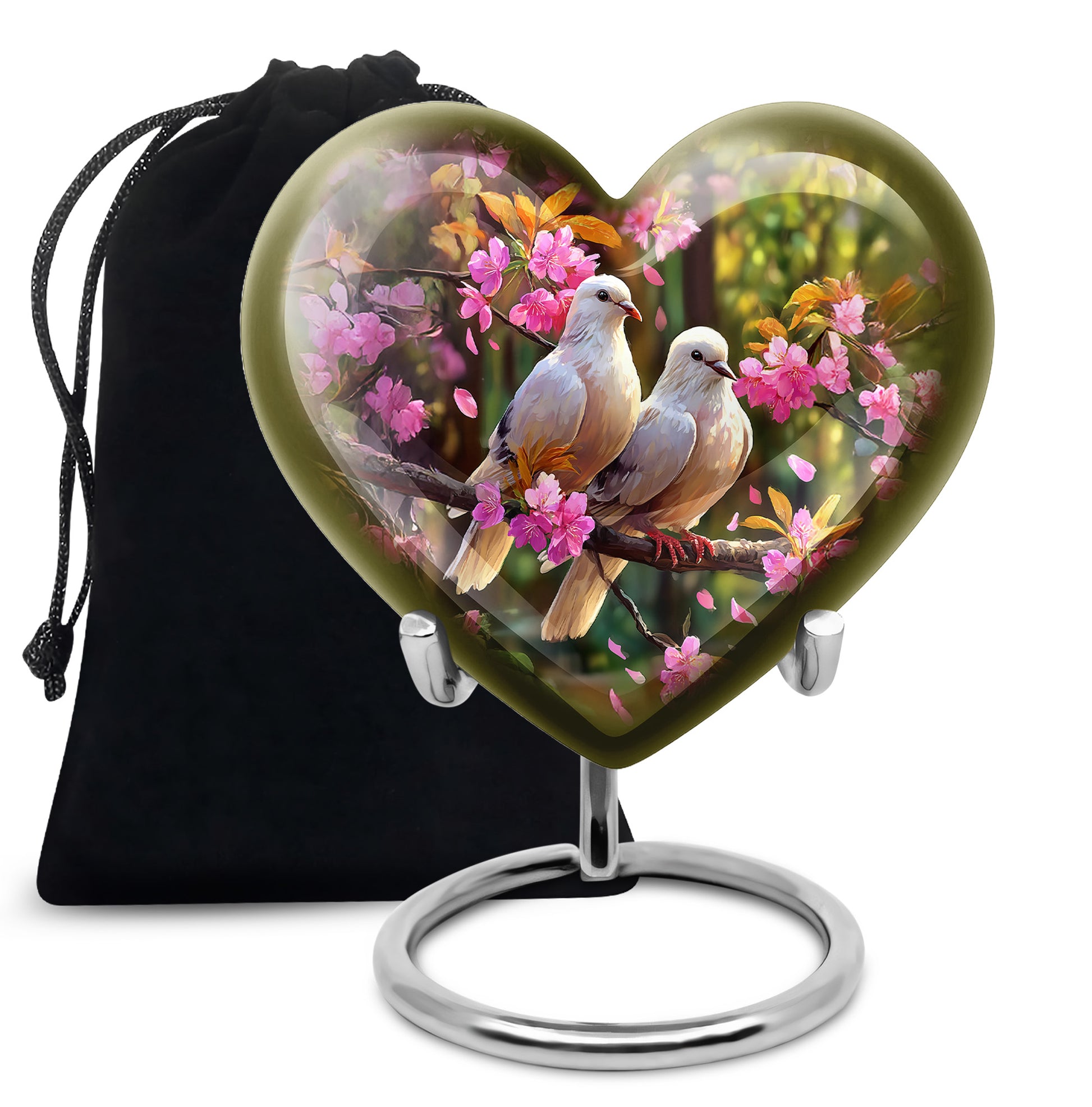 Glossy Black Dove Cremation Urn detail view - loving heart memorial featuring dove pattern - full-size 10 inch 200 cubic inch adult cremation urn