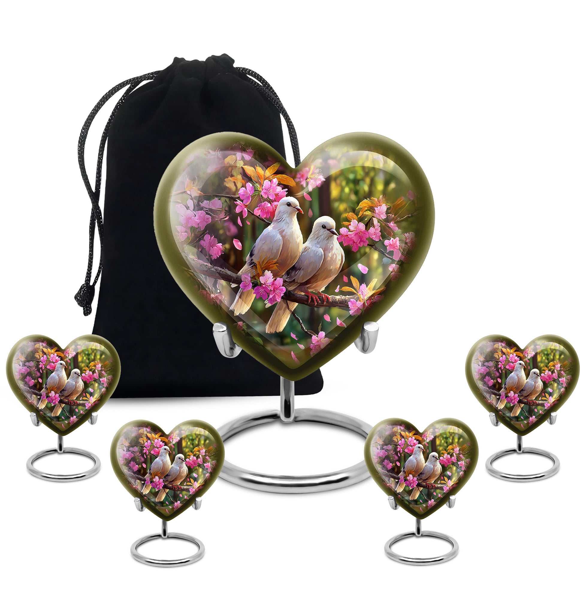 Ebony Dove Cremation Urn close-up of engraving and surface detail - loving heart memorial featuring dove pattern - memorial set with one large and four small urns
