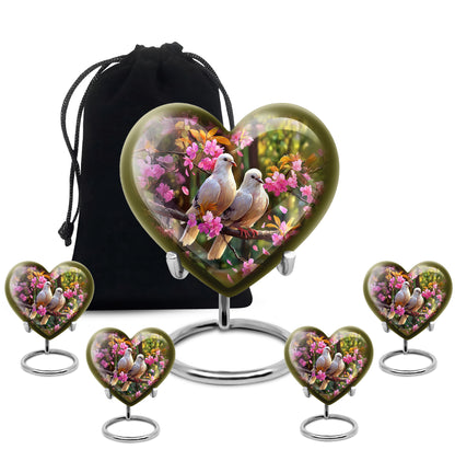 Ebony Dove Cremation Urn close-up of engraving and surface detail - loving heart memorial featuring dove pattern - memorial set with one large and four small urns