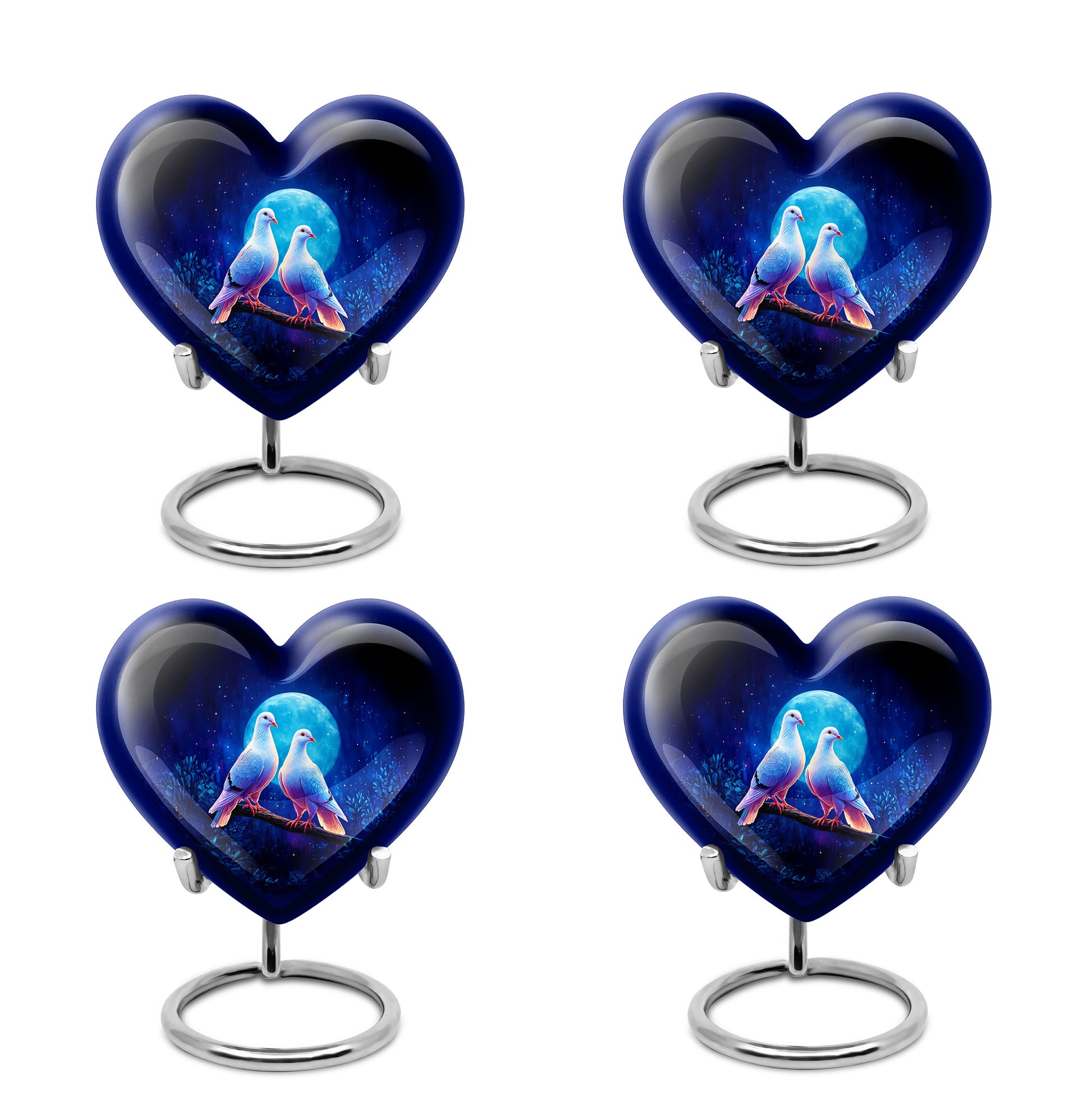 Cornflower Blue Dove Cremation Urn angled view of lid and engraved motif - romantic heart urn with dove motif on aluminum - 10 inch aluminum urn for cremated remains