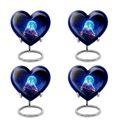 Cornflower Blue Dove Cremation Urn angled view of lid and engraved motif - romantic heart urn with dove motif on aluminum - 10 inch aluminum urn for cremated remains
