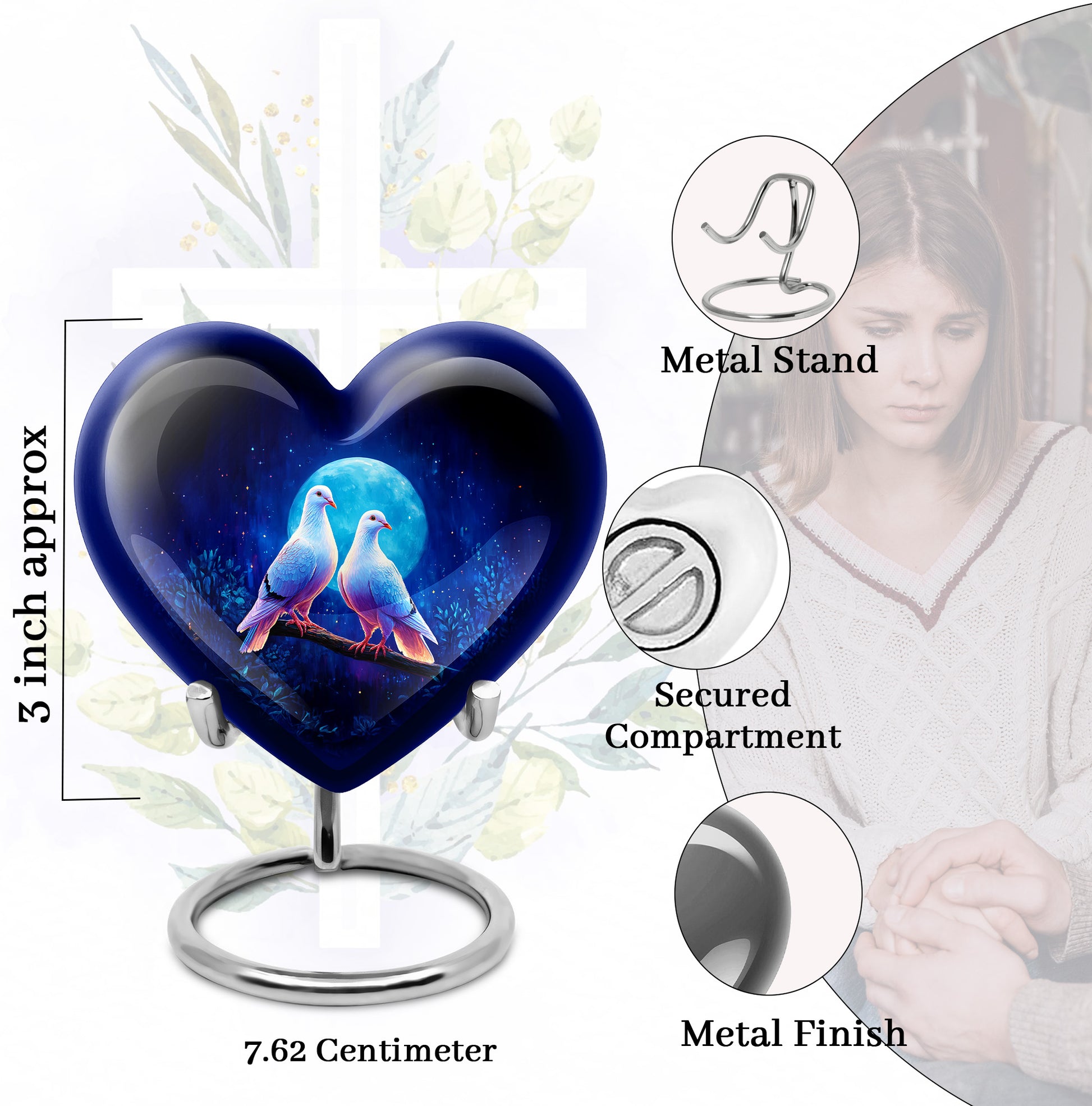 Azure Dove Cremation Urn front view showing detailed design - heart-shaped dove design symbolizing eternal love - mini keepsake memorial for portion of cremation ashes