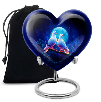 Indigo Dove Cremation Urn detail view - loving heart memorial featuring dove pattern - full-size 10 inch 200 cubic inch adult cremation urn