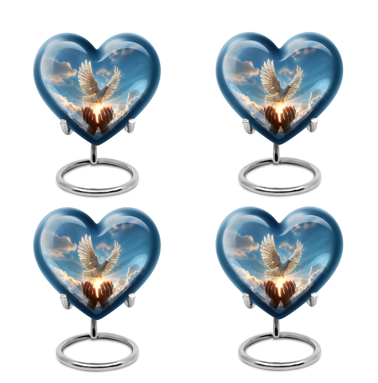 Twilight Blue Dove Cremation Urn angled view of lid and engraved motif - compassionate heart-dove combination with gentle curves - 10 inch aluminum urn for cremated remains