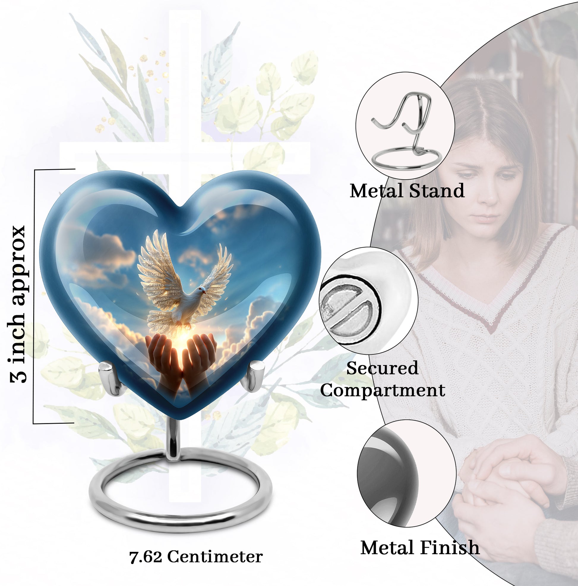 Soft Blue Dove Cremation Urn front view showing detailed design - compassionate heart-dove combination with gentle curves - mini keepsake memorial for portion of cremation ashes