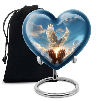 Calming Blue Dove Cremation Urn detail view - romantic heart urn with dove motif on aluminum - full-size 10 inch 200 cubic inch adult cremation urn