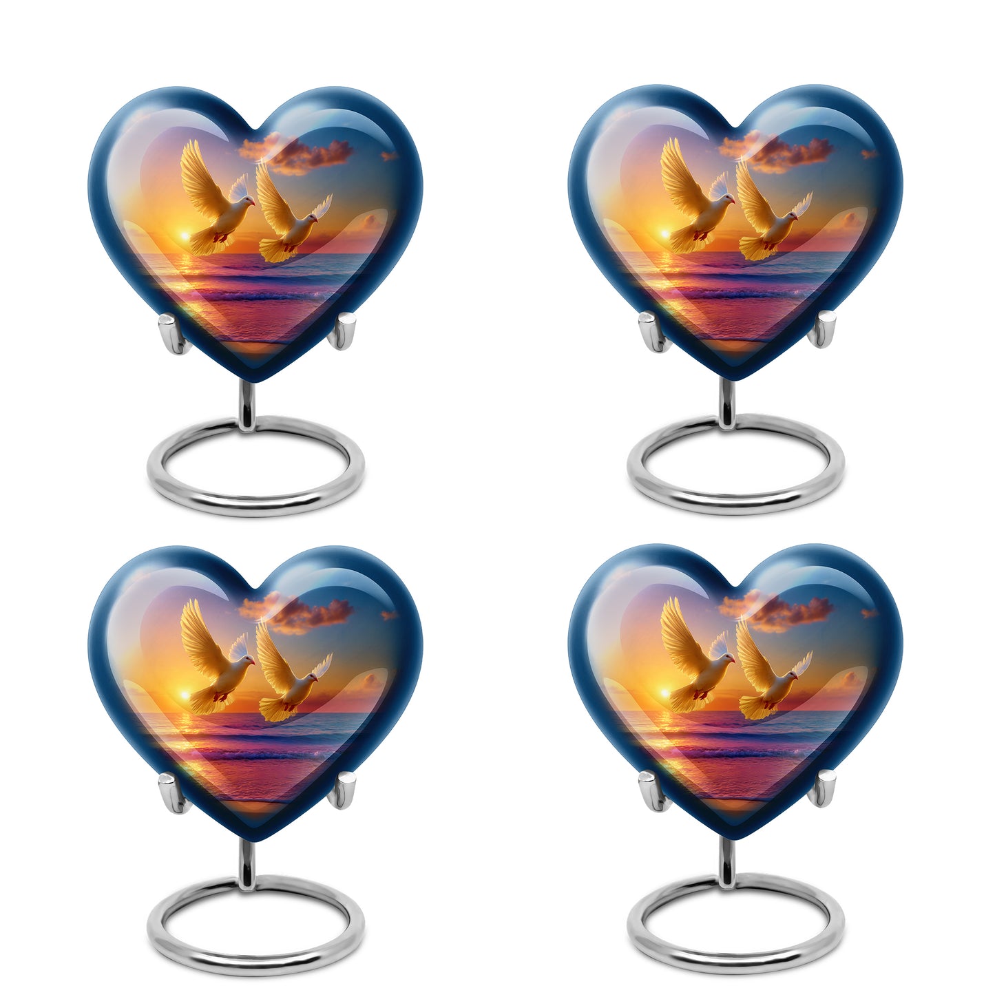 Royal Blue Dove Cremation Urn angled view of lid and engraved motif - romantic heart urn with dove motif on aluminum - 10 inch aluminum urn for cremated remains