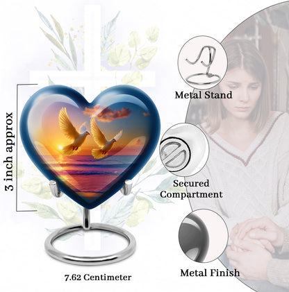 Powder Blue Dove Cremation Urn front view showing detailed design - loving heart memorial featuring dove pattern - mini keepsake memorial for portion of cremation ashes