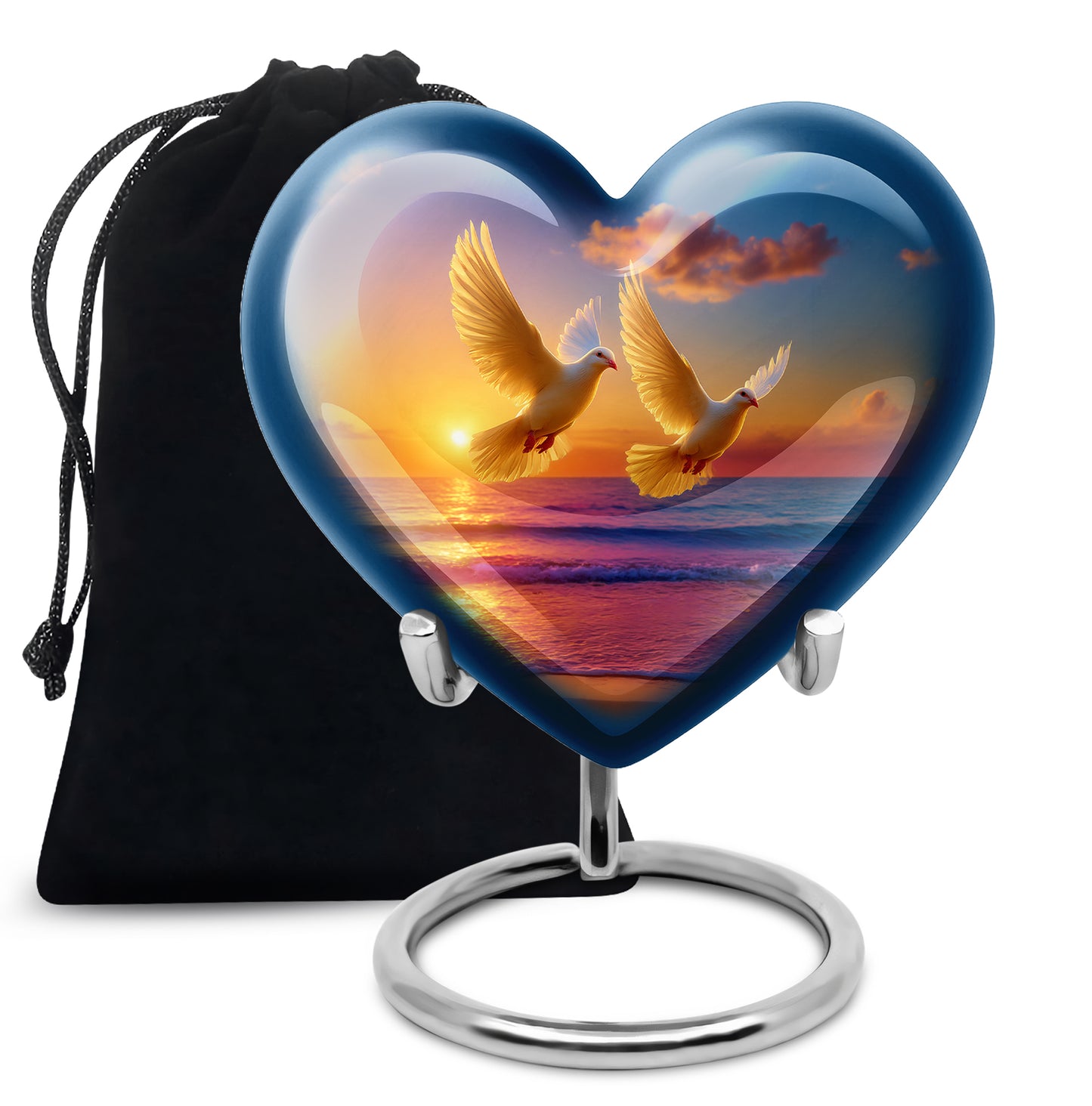 Indigo Dove Cremation Urn detail view - heart-shaped dove design symbolizing eternal love - full-size 10 inch 200 cubic inch adult cremation urn
