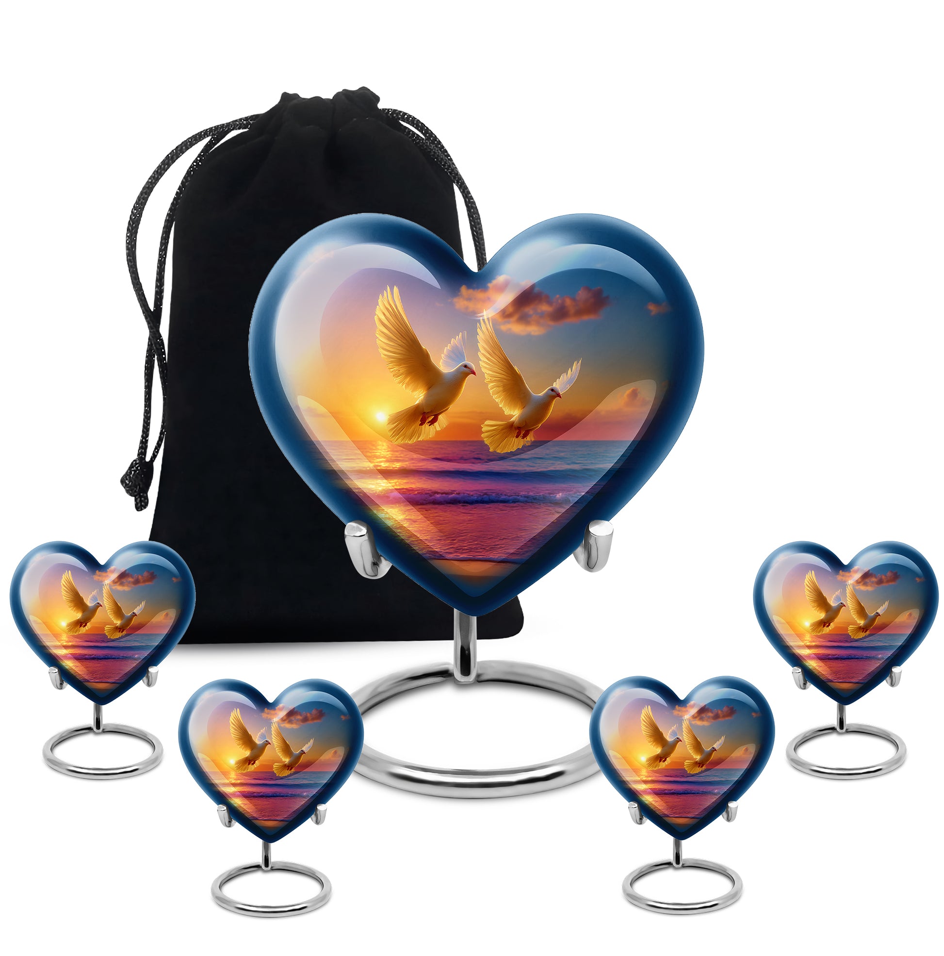 Powder Blue Dove Cremation Urn close-up of engraving and surface detail - heart-shaped dove design symbolizing eternal love - memorial set with one large and four small urns