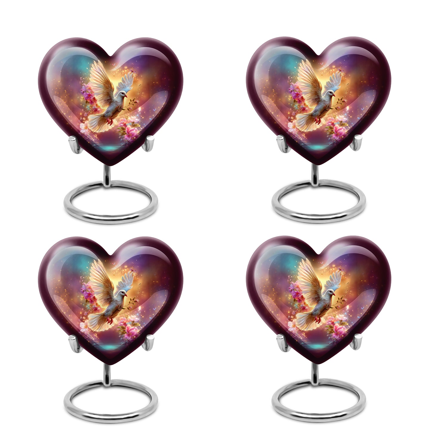 Misty Blue Dove Cremation Urn angled view of lid and engraved motif - heart-shaped dove design symbolizing eternal love - 10 inch aluminum urn for cremated remains