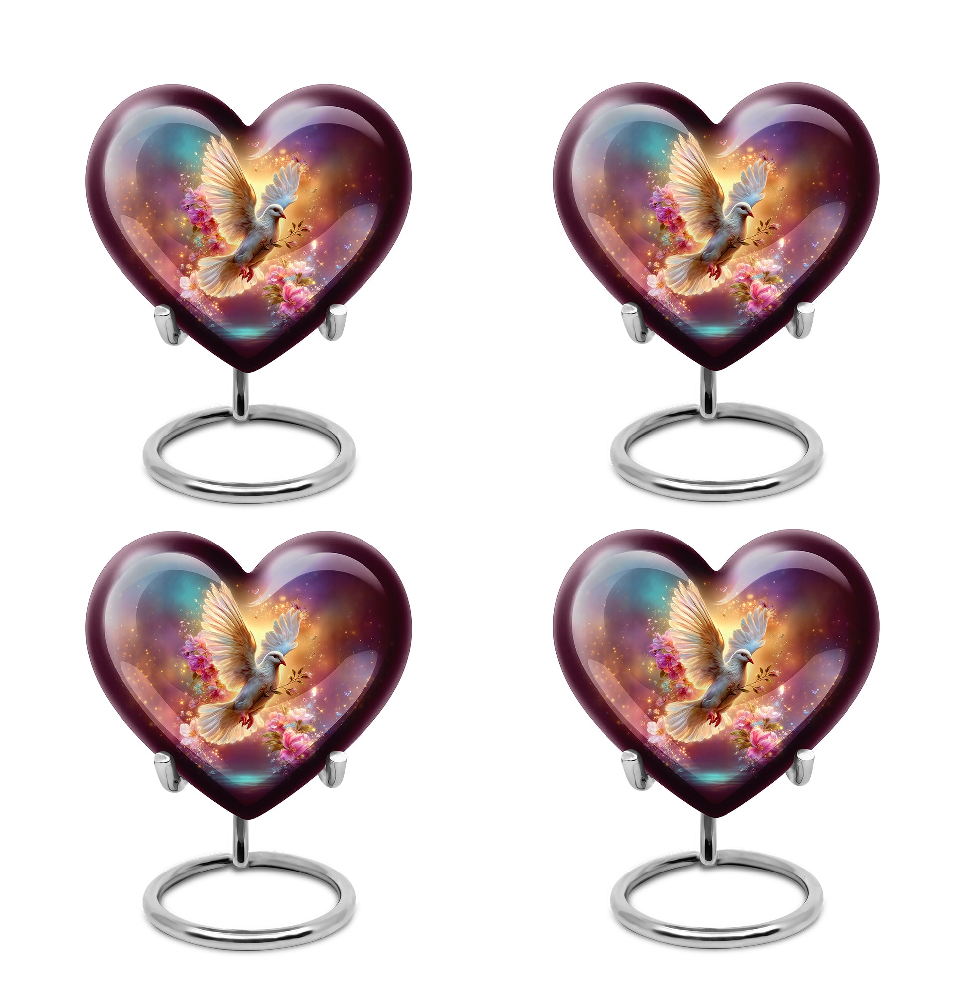 Misty Blue Dove Cremation Urn angled view of lid and engraved motif - heart-shaped dove design symbolizing eternal love - 10 inch aluminum urn for cremated remains
