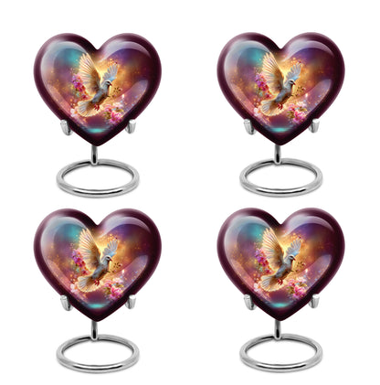 Misty Blue Dove Cremation Urn angled view of lid and engraved motif - heart-shaped dove design symbolizing eternal love - 10 inch aluminum urn for cremated remains