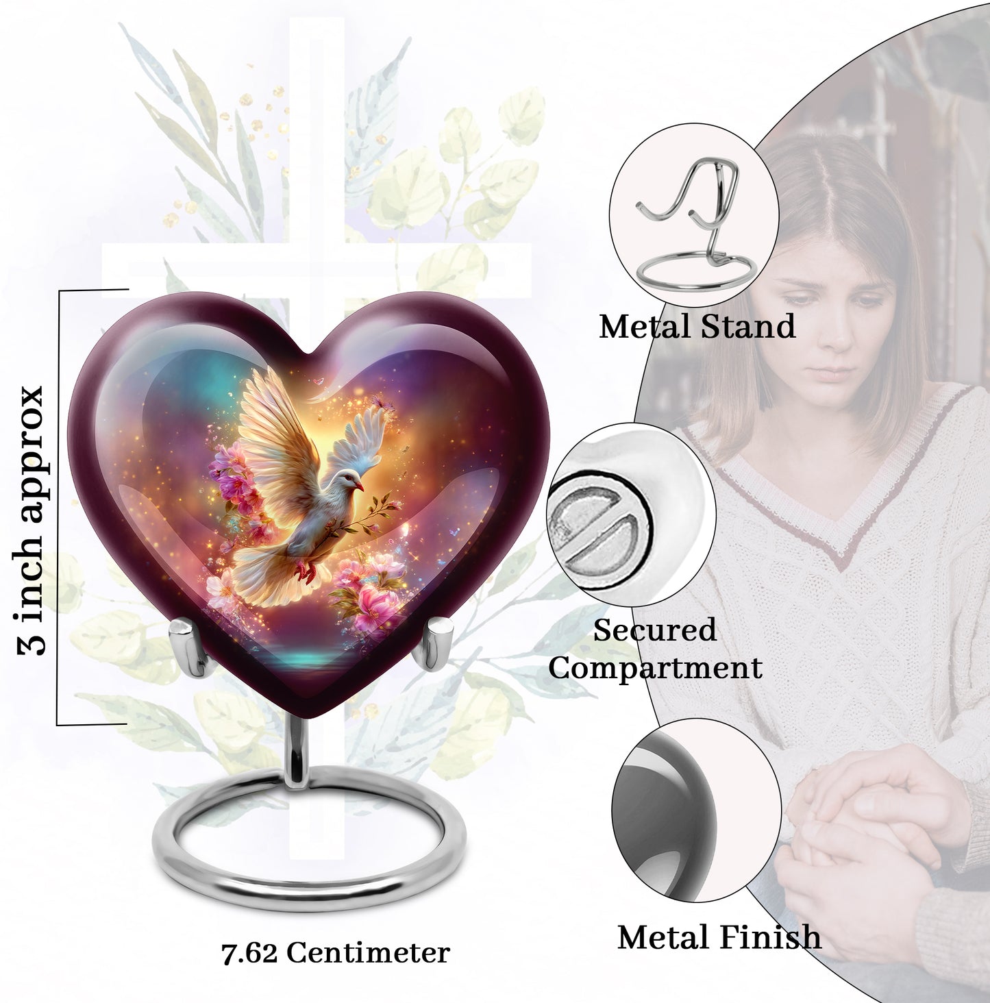 Sapphire Blue Dove Cremation Urn front view showing detailed design - compassionate heart-dove combination with gentle curves - mini keepsake memorial for portion of cremation ashes