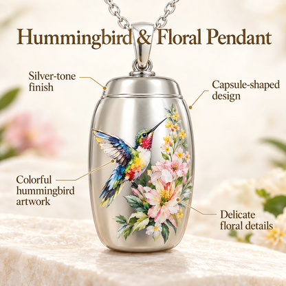 Hummingbird Cremation Necklace for Ashes | Floral Memorial Pendant
