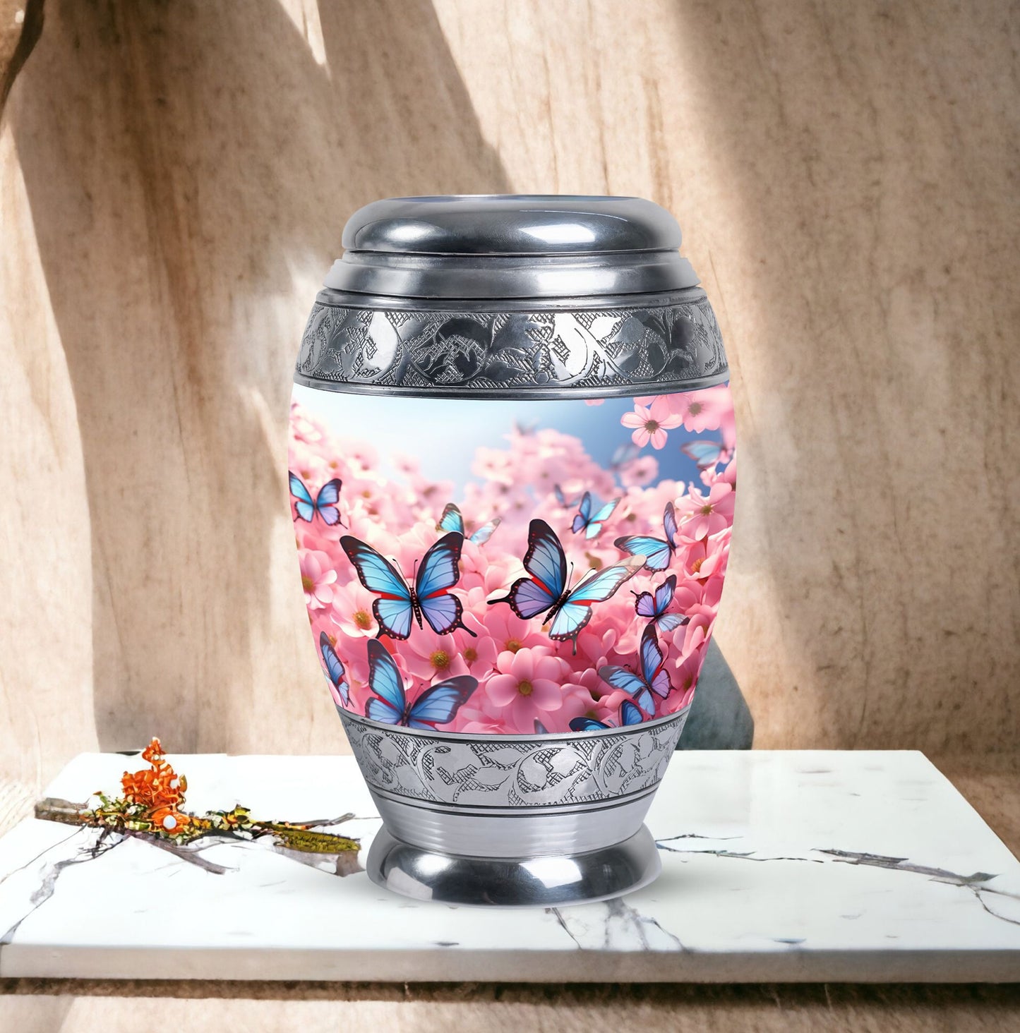 Blue Butterfly urn, a unique cremation urn for human ashes, suitable for adult men