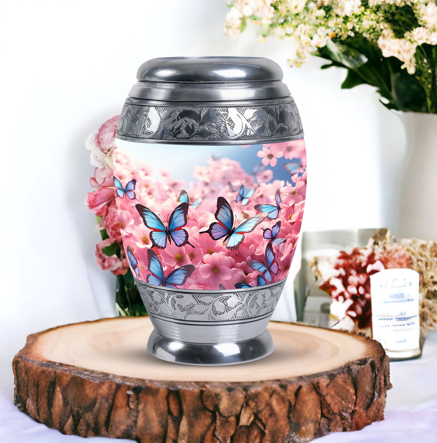 Blue Butterfly urn, a unique cremation urn for human ashes, suitable for adult men