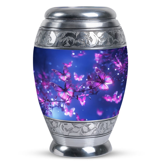 Large pink butterfly funeral urn, ideal for storing human ashes, crafted from durable metal in a miniature design
