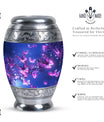 Large pink butterfly funeral urn, ideal for storing human ashes, crafted from durable metal in a miniature design