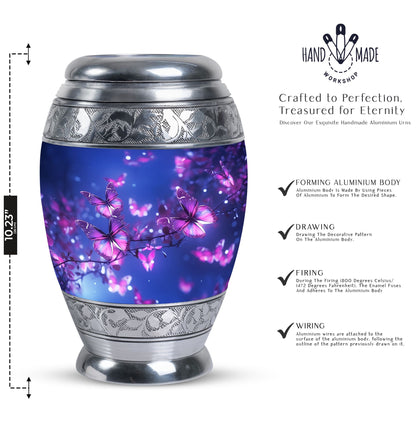 Large pink butterfly funeral urn, ideal for storing human ashes, crafted from durable metal in a miniature design