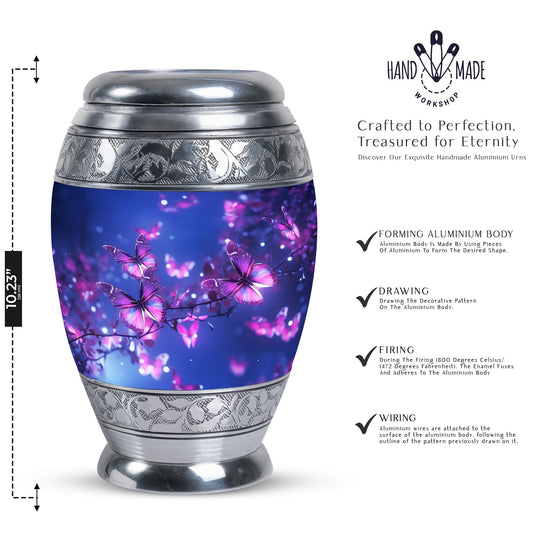 Large pink butterfly funeral urn, ideal for storing human ashes, crafted from durable metal in a miniature design