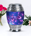 Large pink butterfly funeral urn, ideal for storing human ashes, crafted from durable metal in a miniature design