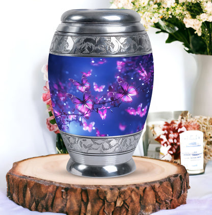 Large pink butterfly funeral urn, ideal for storing human ashes, crafted from durable metal in a miniature design