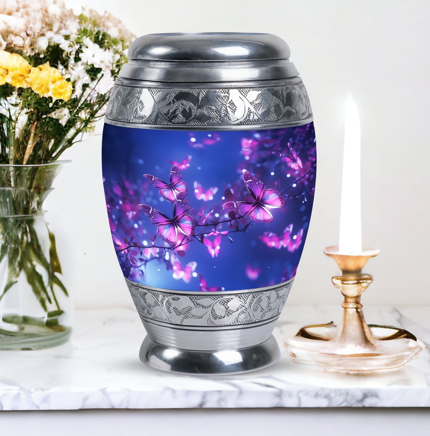 Large pink butterfly funeral urn, ideal for storing human ashes, crafted from durable metal in a miniature design