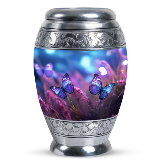 Elegant urn featuring a butterfly motif on a purple background, suitable for adult human ashes