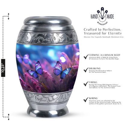 Elegant urn featuring a butterfly motif on a purple background, suitable for adult human ashes