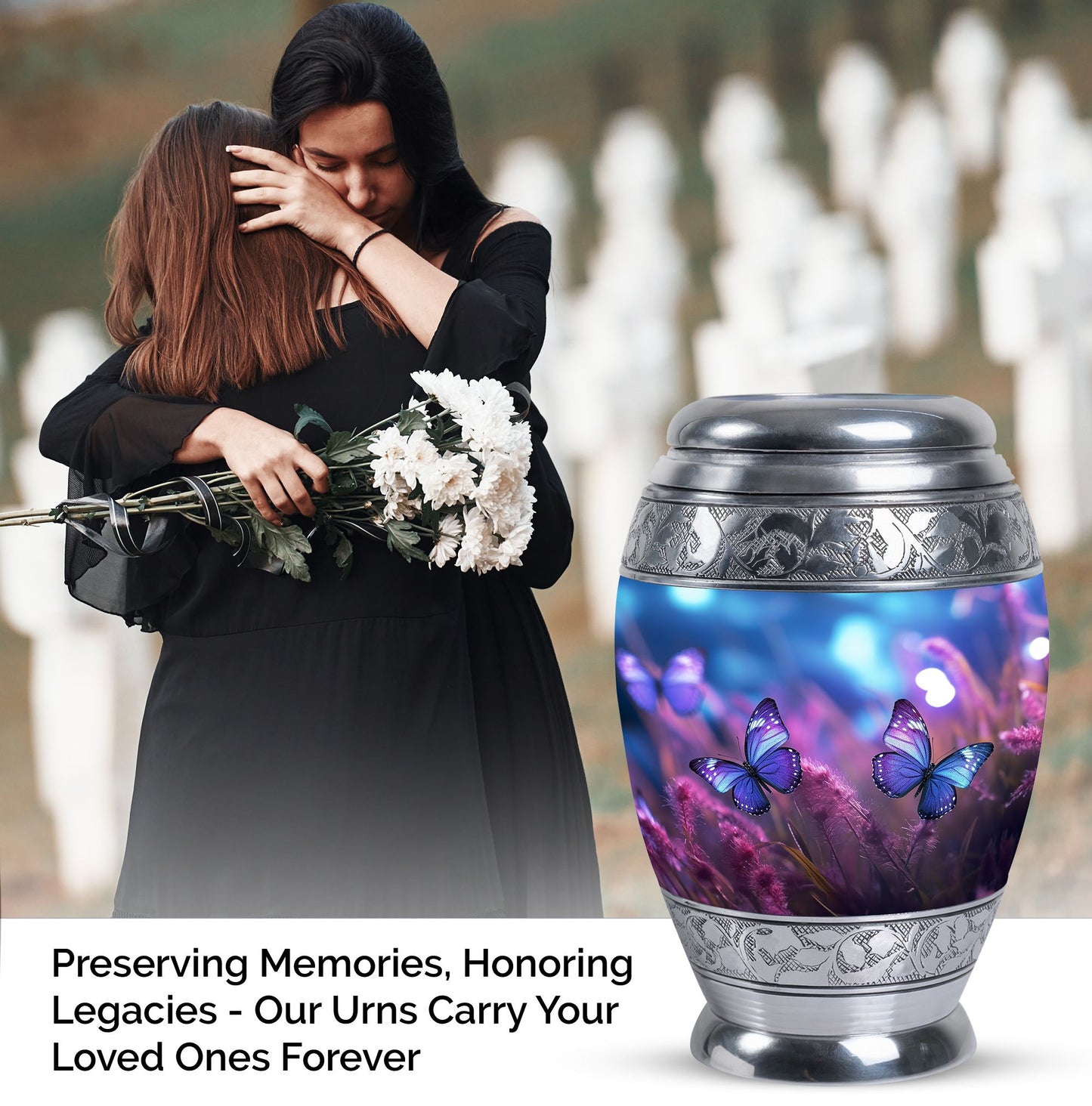 Elegant urn featuring a butterfly motif on a purple background, suitable for adult human ashes