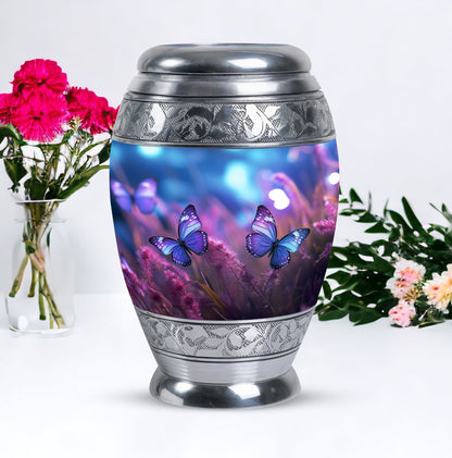 Elegant urn featuring a butterfly motif on a purple background, suitable for adult human ashes