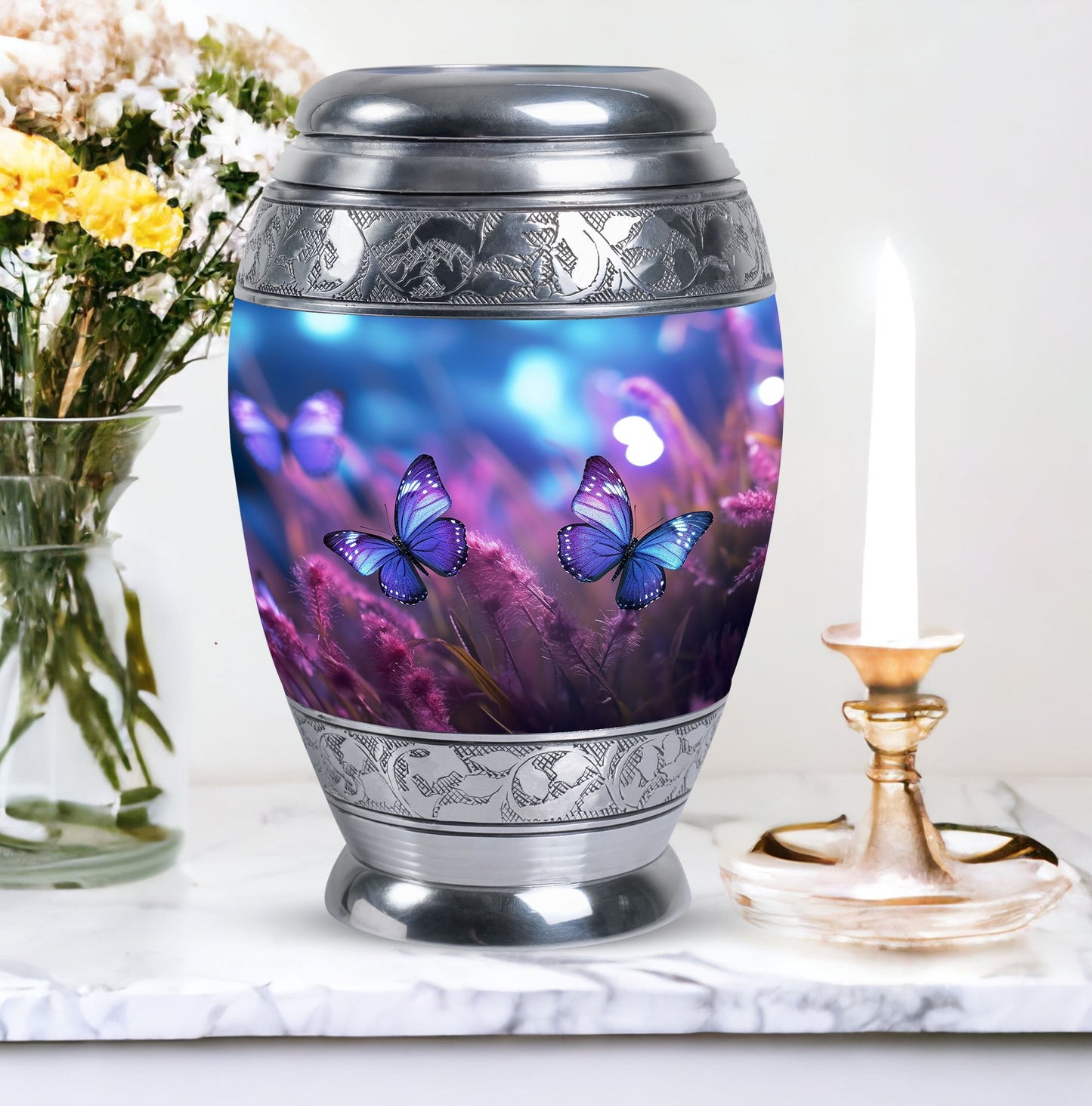 Elegant urn featuring a butterfly motif on a purple background, suitable for adult human ashes