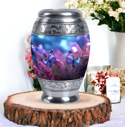 Elegant urn featuring a butterfly motif on a purple background, suitable for adult human ashes