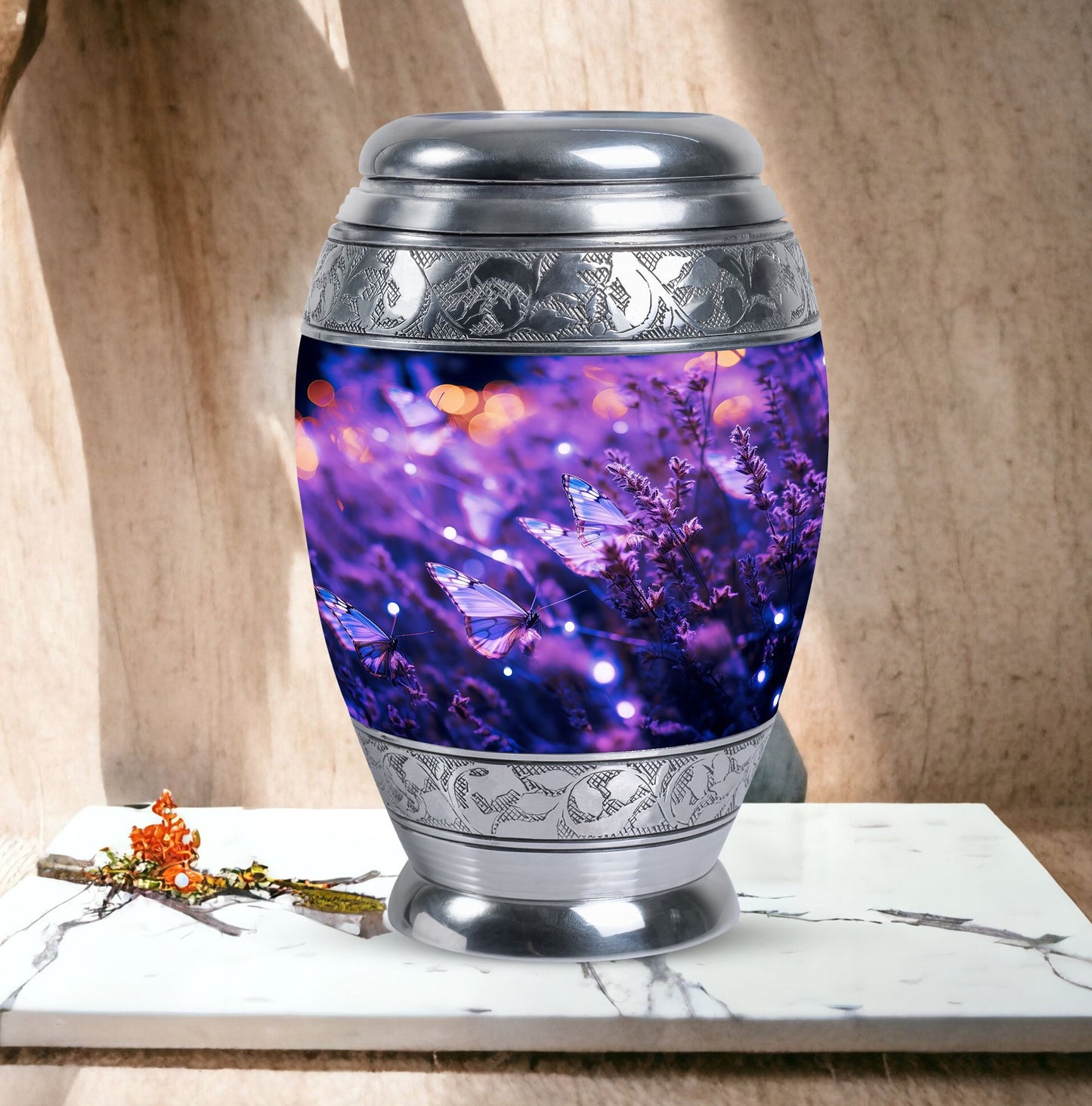 Aesthetic Purple Butterfly Urn, an ideal burial ashes container for adults.