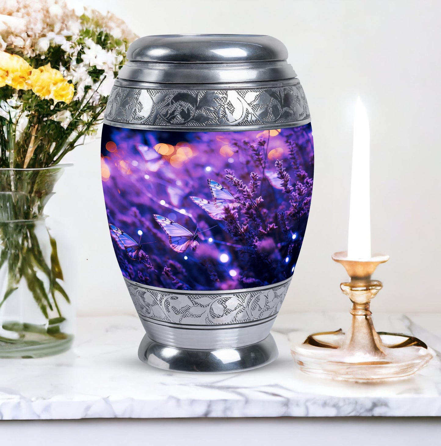 Aesthetic Purple Butterfly Urn, an ideal burial ashes container for adults.